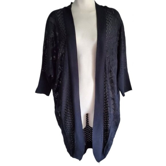 Longline Kimono Style Sleeve Open Cardigan Open Weave Black Size S - Picture 2 of 16